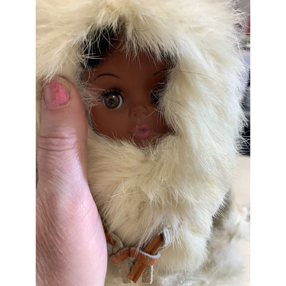 Vintage Eskimo Doll With Blinking eyes, real fur, leather necklace, No tags